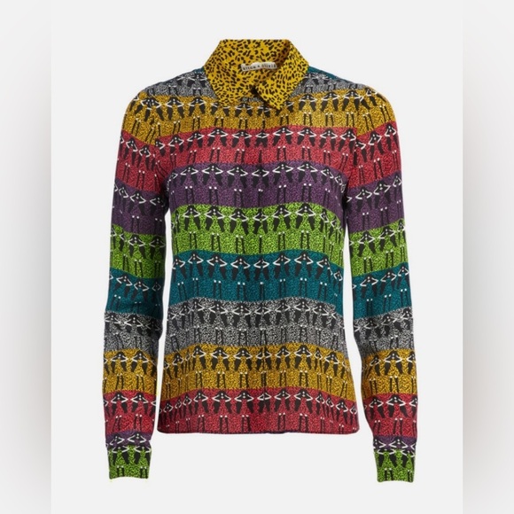 New! Alice + Olivia Willa Rainbow Stace Face 100% Silk Blouse 💜 💛 XS - Picture 8 of 16